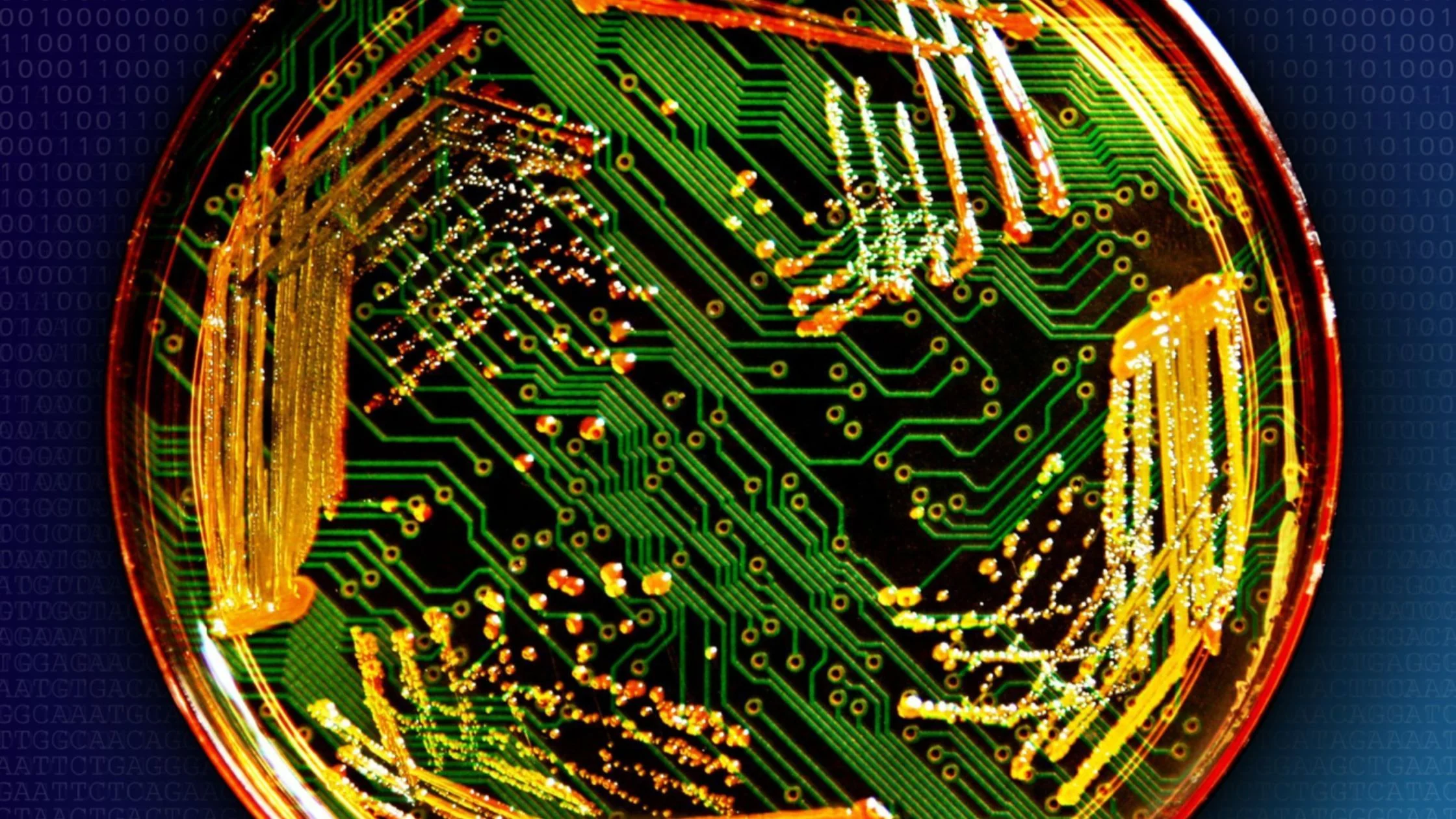 An image of an integrated circuit in a circular setting like a petri dish, with other (possibly microbial) traces superimposed over the IC.